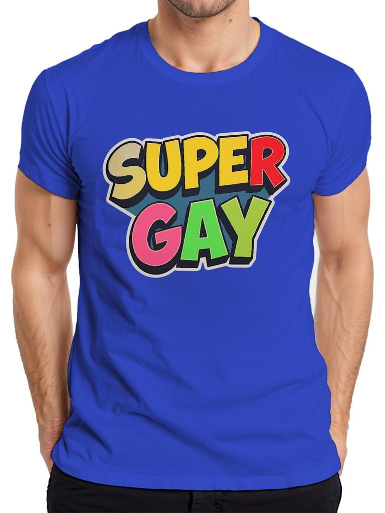 SUPER GAY Regenbogen Pride LGBT queer Stolz bunt Geschenk Parade Herren T-Shirt, Blau, M