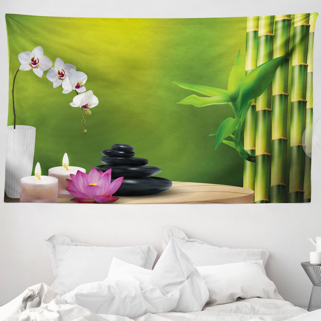ABAKUHAUS Spa Wandteppich, Bambus Blume Orchid Stein aus Weiches Mikrofaser Stoff Waschbar ohne Verblassen Digitaldruck, 230 x 140 cm, Farngrün Fu...