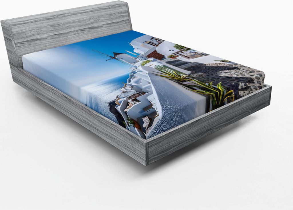 ABAKUHAUS Sommer Spannbetttuch, Altes Oia-Dorf in Santorini-Insel Griechenland mit ägäischem Seelandschafts-Bild, 120 x 190 cm, Blau und weiß