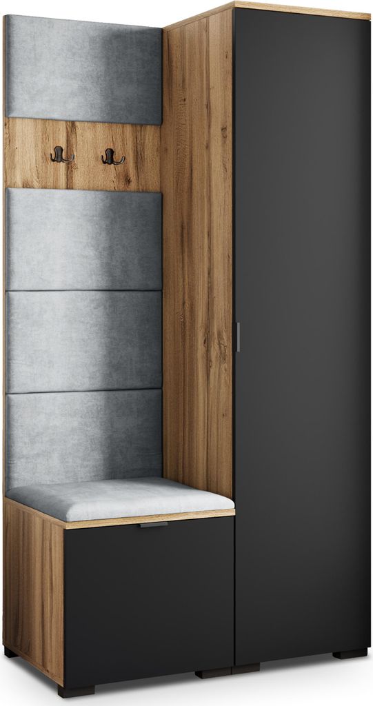 Masseno Garderobe-Set LORI 95/181/51 cm Modern Garderobenschrank Eiche Wotan, Veloursstoff MONOLITH 84 (Hellgrau)
