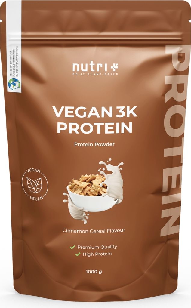 Protein Vegan Vhey 1kg pflanzliches Eiweiß - Nutri-Plus 3K-Proteinpulver - Veganes Eiweißpulver ohne Laktose & Milcheiweiß - Cinnamon Cereal