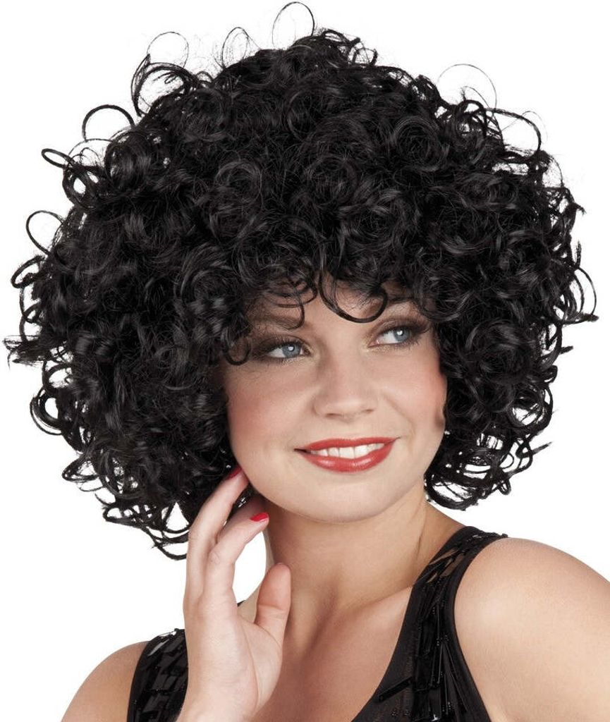 A woman wearing a black curly wig.