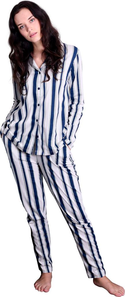 Damen Pyjama Streifenoptik Schlafanzug zum durchknöpfen - klassische Form mit Reverskragen ; blau , 44