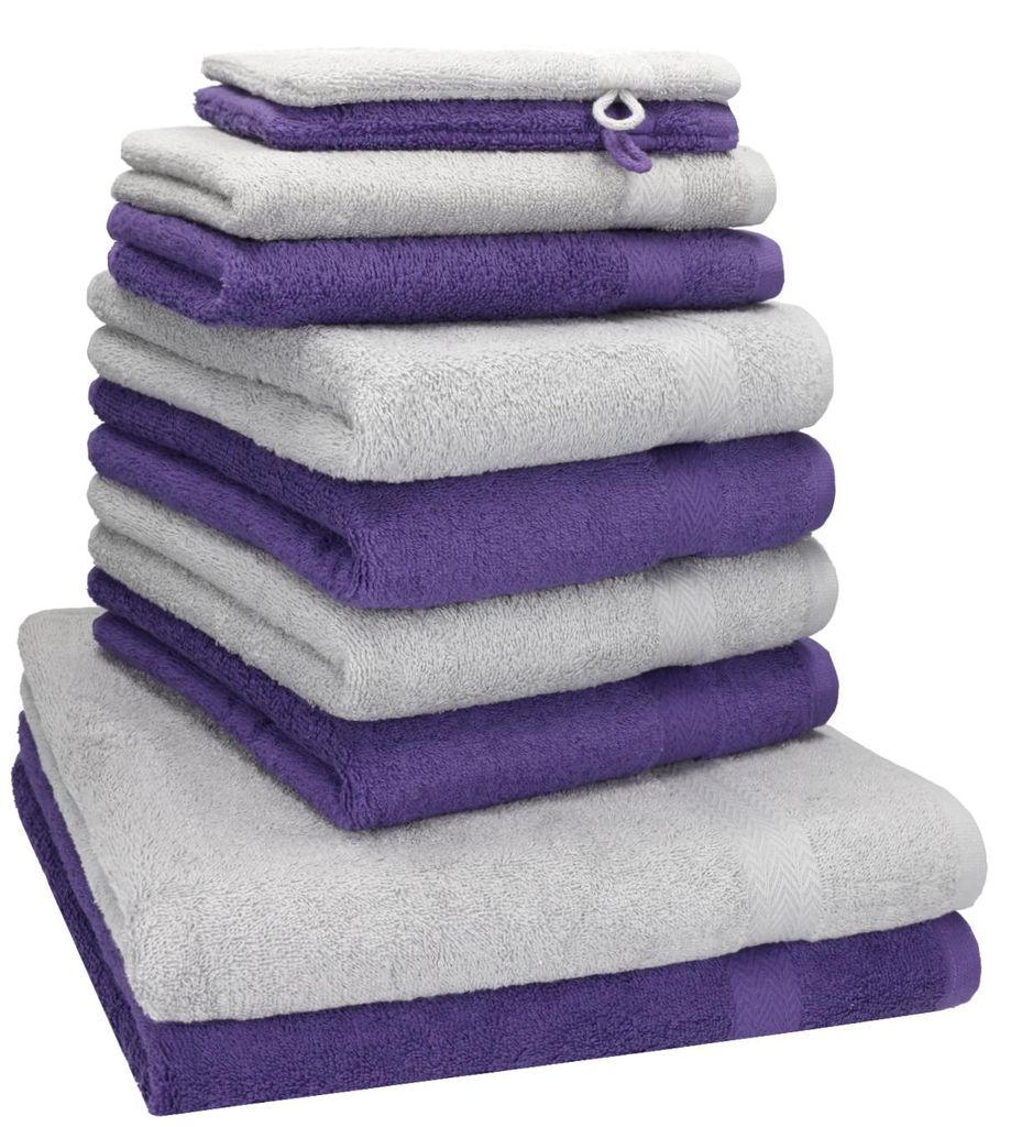 Betz 10-tlg. Handtuch-Set PREMIUM 2 Duschtücher 4 Handtücher 2 Gästetücher 2 Waschhandschuhe Farbe: silbergrau & lila