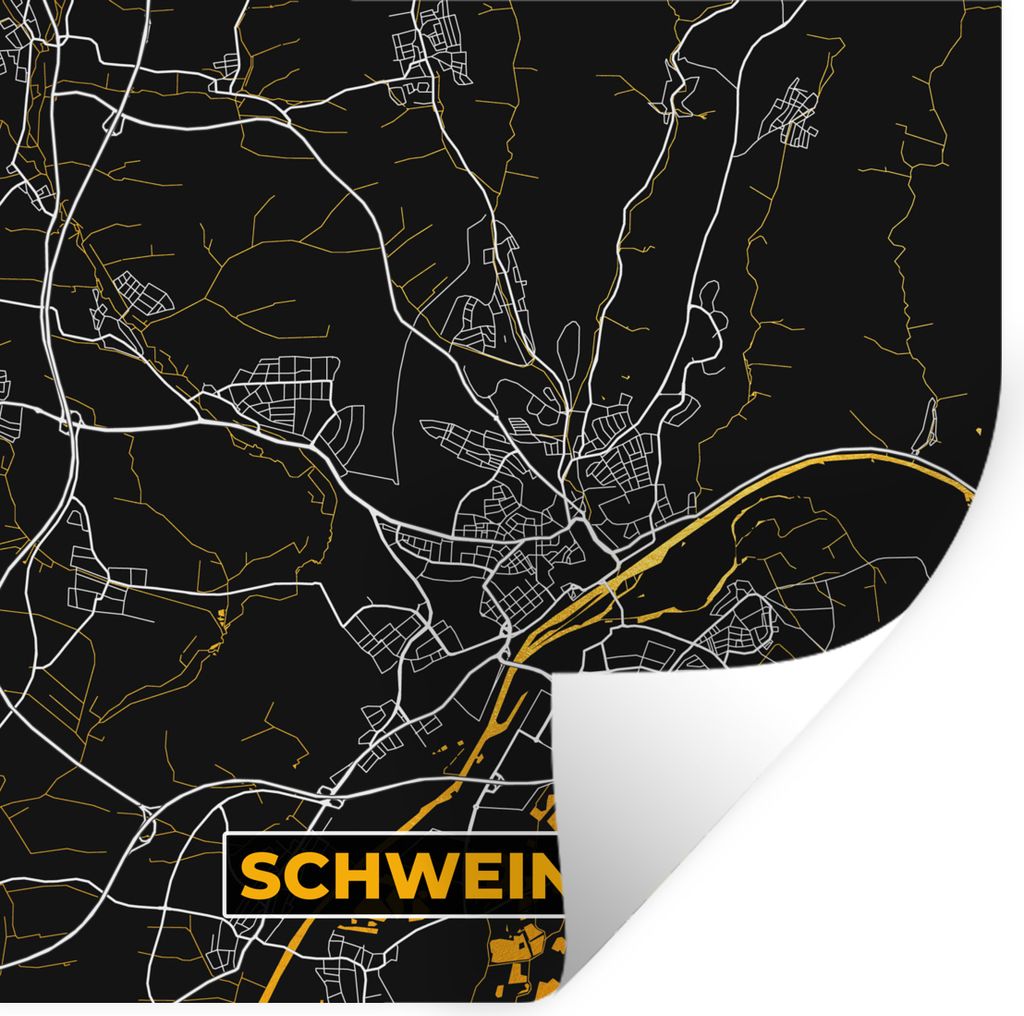 MuchoWow Wandtattoo Wandsticker Wandaufkleber Deutschland - Schwarz und Gold - Schweinfurt - Stadtplan - Karte 100x100 cm Selbstklebend und Repos...