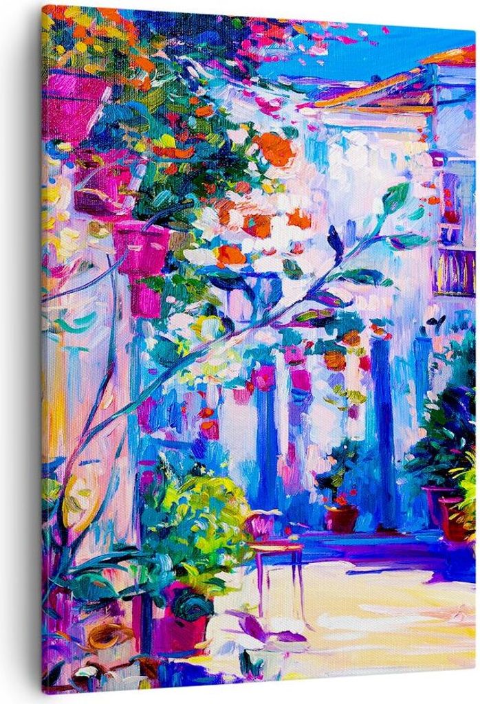 Bild auf Leinwand - Leinwandbild - Einteilig - Zuhause blumen straße himmel - 50x70cm - Wand Bild - Wanddeko - Wandbilder - Leinwanddruck - Wandde...
