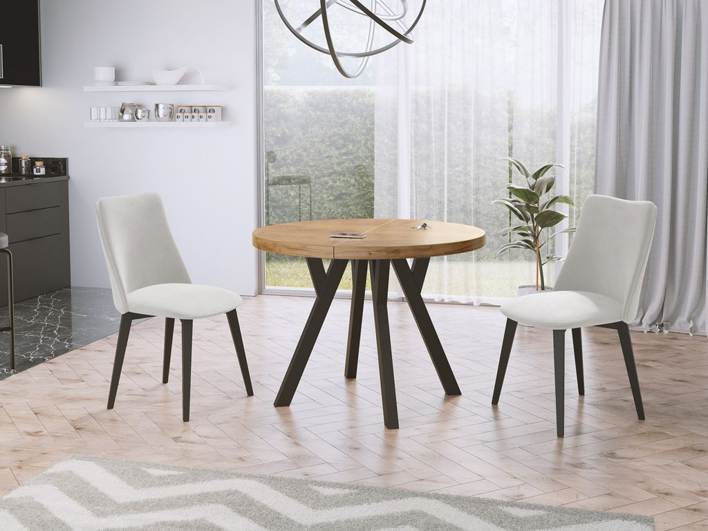 Designer Runder Ausziehbarer Esstisch - Loft-Stil, Industriell, Platzsparend - Schwarze Beine - 90 bis 170 cm - für 4-8 Personen - Hergestellt in ...