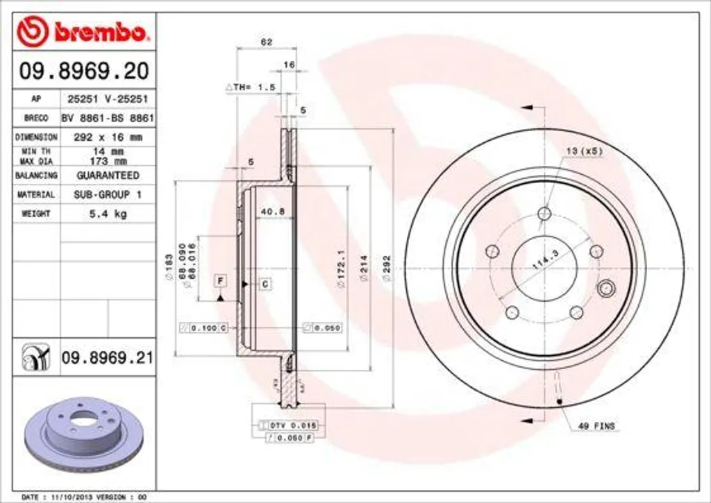 Disque de frein haute teneur en carbone Brembo 09.8969.21 432063NF0A