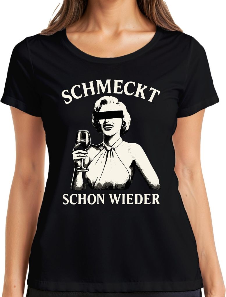 Schmeckt schon wieder Weinliebhaber Weinglas Retro Geschenk Party Damen T-Shirt, Schwarz, L