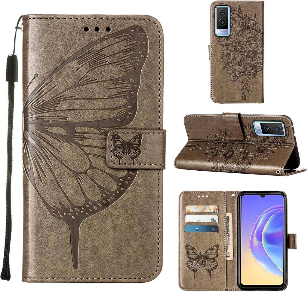 VIVO V21E 5G Hülle, Schmetterling Prägung Flip Leder Kartenfächer Schutzhülle Ledertasche mit Ständer für VIVO V21E 5G Grau