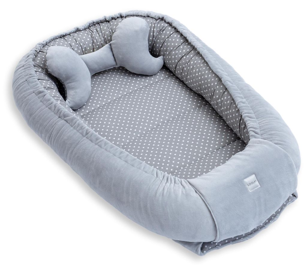 Premium BABYNEST + Kissen GRAU Samt Velour/ Grau PUNKTE Baumwolle Nestchen Babyausstattung Geschenk Geborgenheit Komfort für Neugeborene