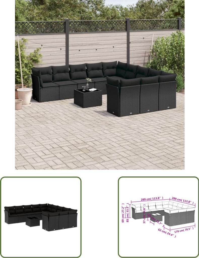 The Living Store 12-tlg. Garten-Sofagarnitur mit Kissen Schwarz Poly Rattan