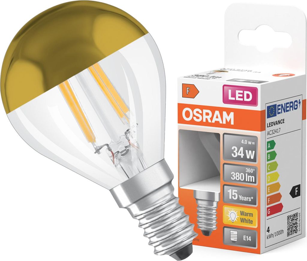 A product shot of an LED light bulb and its packaging.