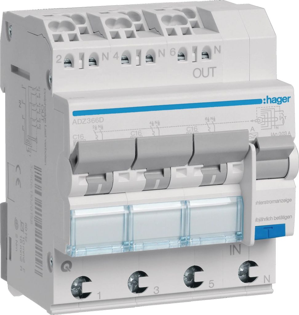 Hager FI-LS 3×1P+N 6 kA C-16A 30 mA Typ A QC, 1 Stk.
