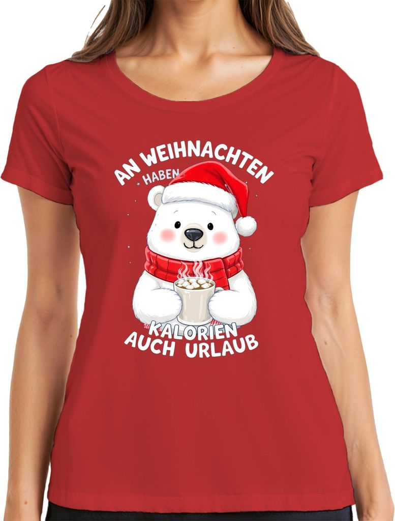 Weihnachten Eisbär Kalorien Urlaub Kakao lustig Geschenk Damen T-Shirt, Rot, M
