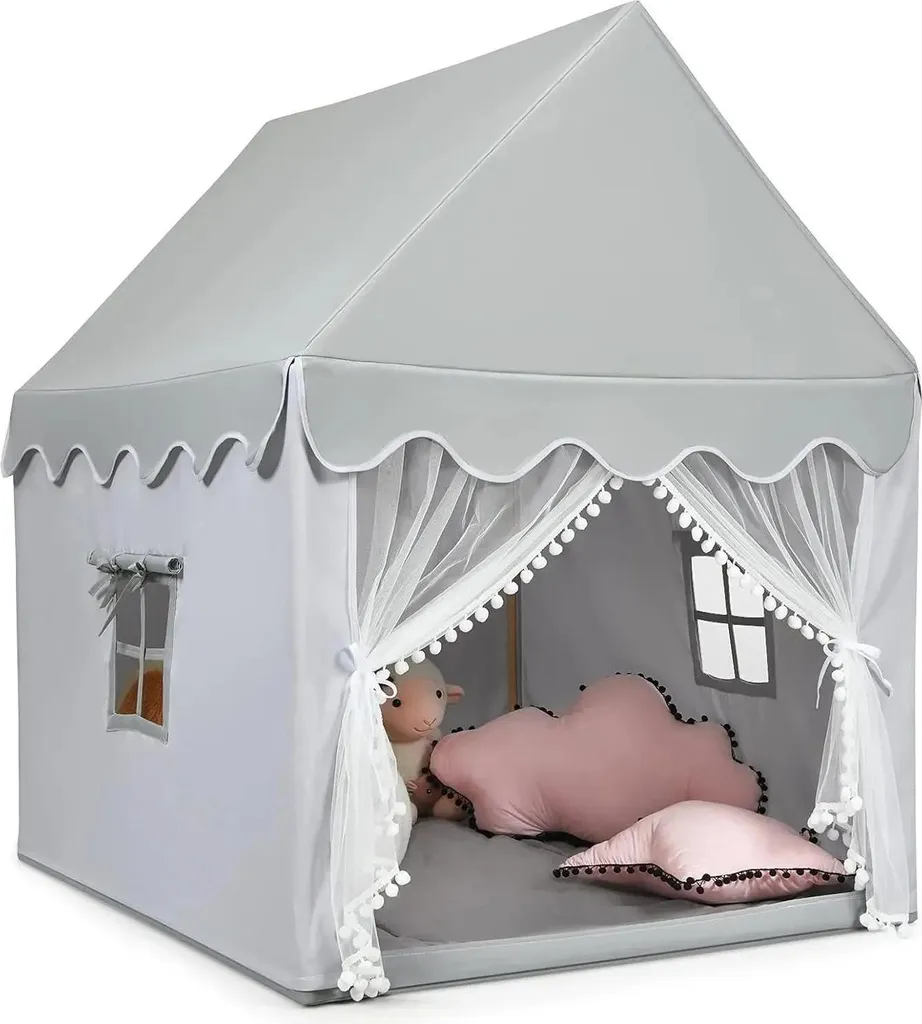 Tente d'intérieur pour enfants en bois massif et coton gris 3-6 ans