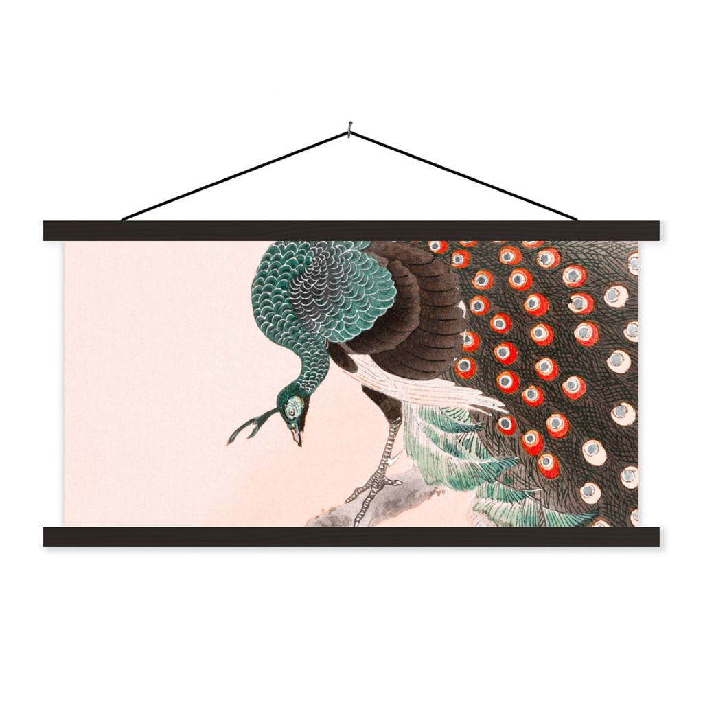 MuchoWow Textilposter Pfau - Federn - Vintage 120x60 cm mit schwarzem Rahmen - Dekoration Schlafzimmer