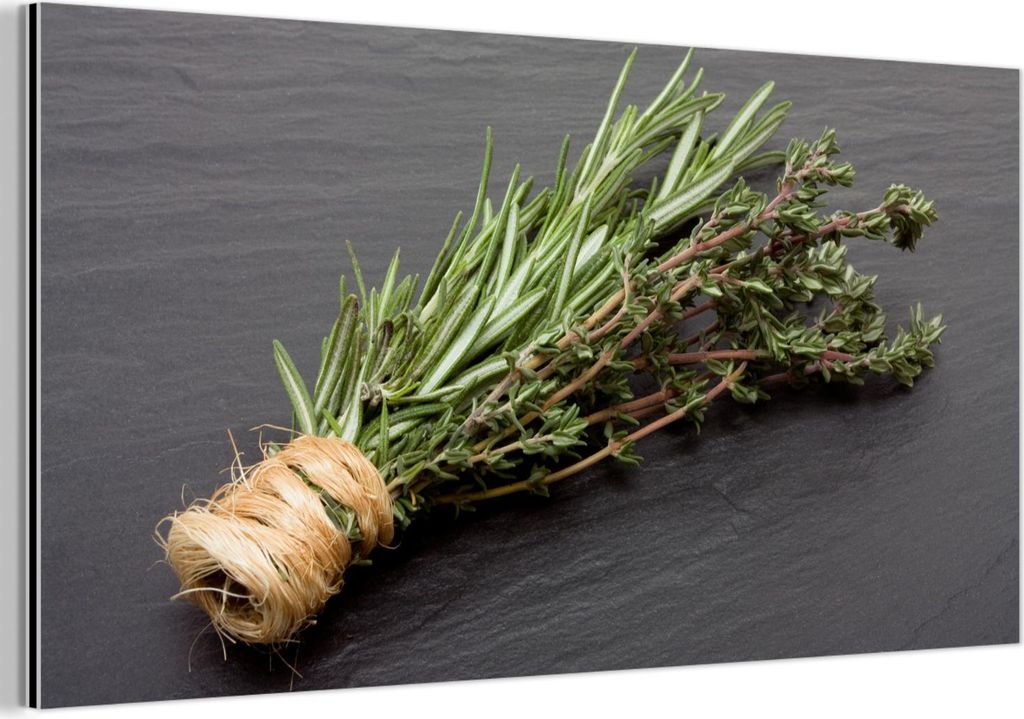 MuchoWow Wanddekoration Metall Metallbild Wandkunst 80x40 cm Thymian - Kräuter - Grün - Tisch - Küche - Stein MuchoWow Aluminium Gemälde - Wand...