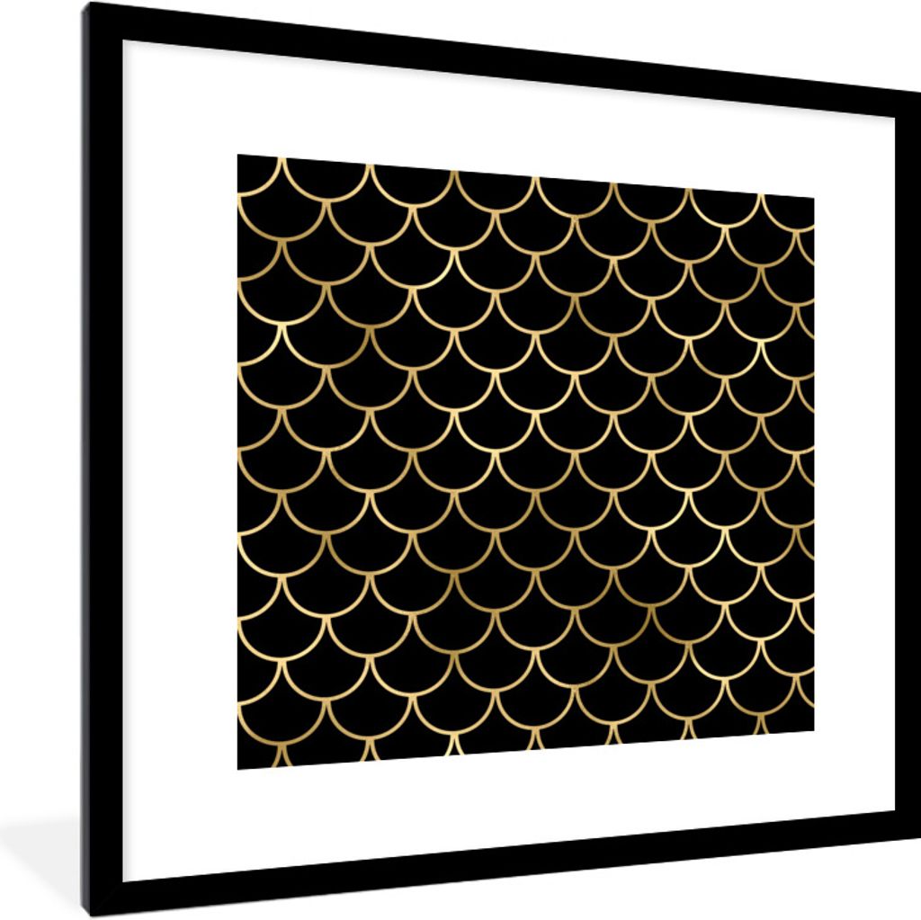 MuchoWow Gerahmtes Poster Muster - Fisch - Gold - Schwarz 40x40 cm - Poster mit Schwarzem Bilderrahmen Wandposter Rahmen Foto Bilder - Poster - P...