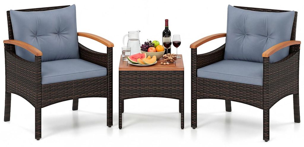 COSTWAY 3-tlg. Balkonmöbel, Polyrattan Gartenmöbel Set inkl. Beistelltisch mit Akazie-Tischplatte & 2 Sessel, Terrassenmöbel Sitzgarnitur mit Ki...