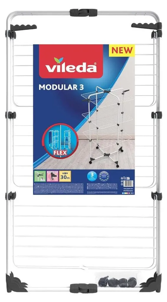 Séchoir à linge modulable en acier traité, 3 étagères et roulettes, 30m