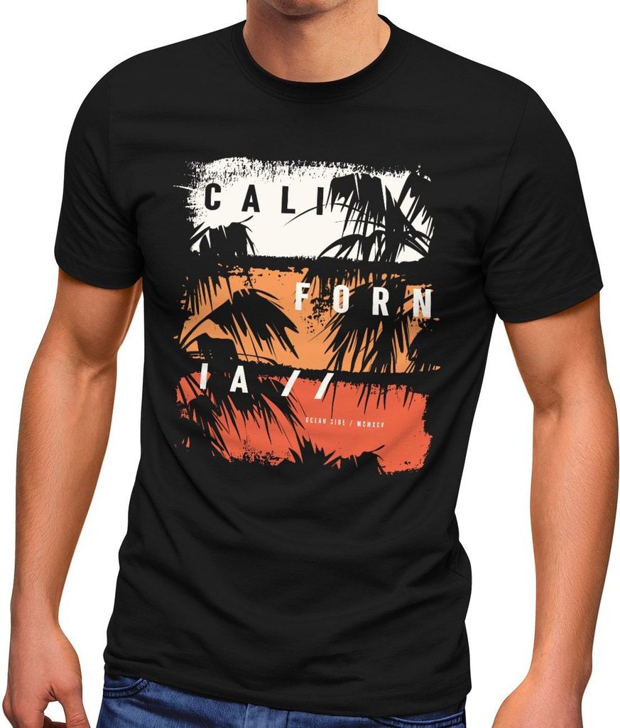 Herren T-Shirt California Schriftzug Palmen Printshirt Aufdruck Fashion Streetstyle Neverless schwarz XXL