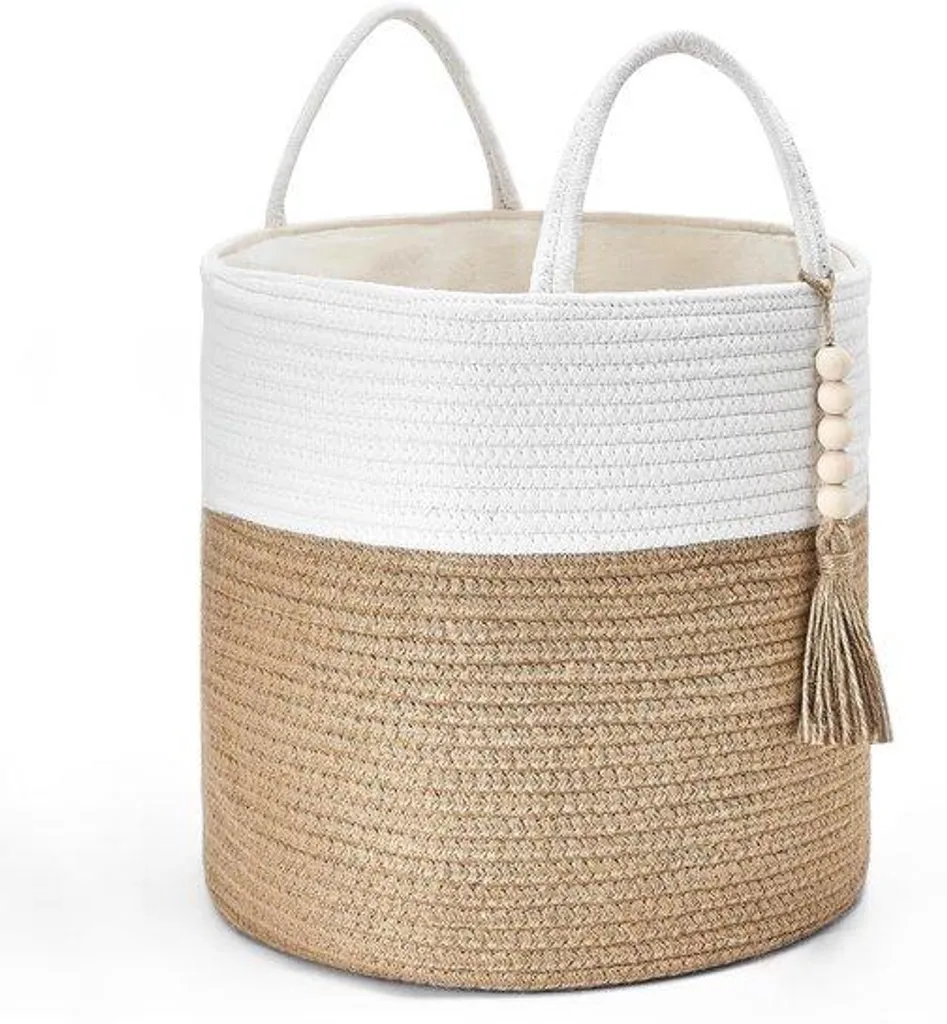 Panier tressé en corde et perles de bois 28x28 cm décor salon bohème
