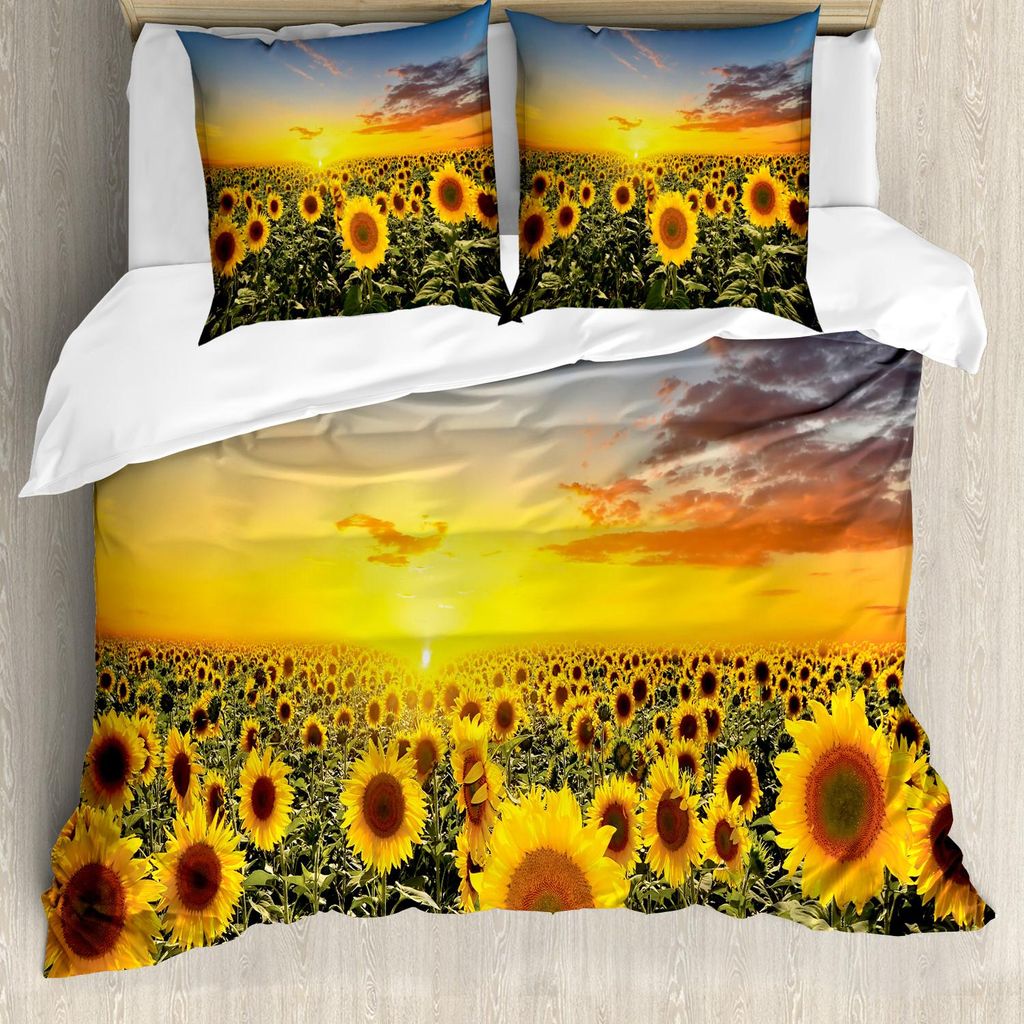 ABAKUHAUS Mittelmeer- Bettbezug Set, Sonnenblumen Feld im Frühjahr Sonnenuntergang Habitat Landschaft Natur Land Rural, 155 x 220 cm + 80 x 80 cm,...