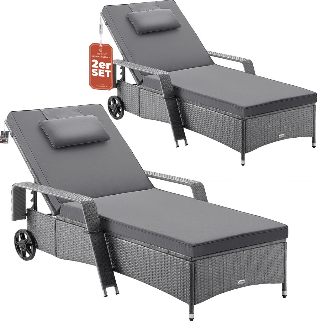 Casaria Sonnenliege 2er Set mit Rollen 7cm Auflage Extra Breit 90cm Gartenliege Wetterfest 165kg Belastbar Terrasse Balkonmöbel Liegestuhl Grau ...