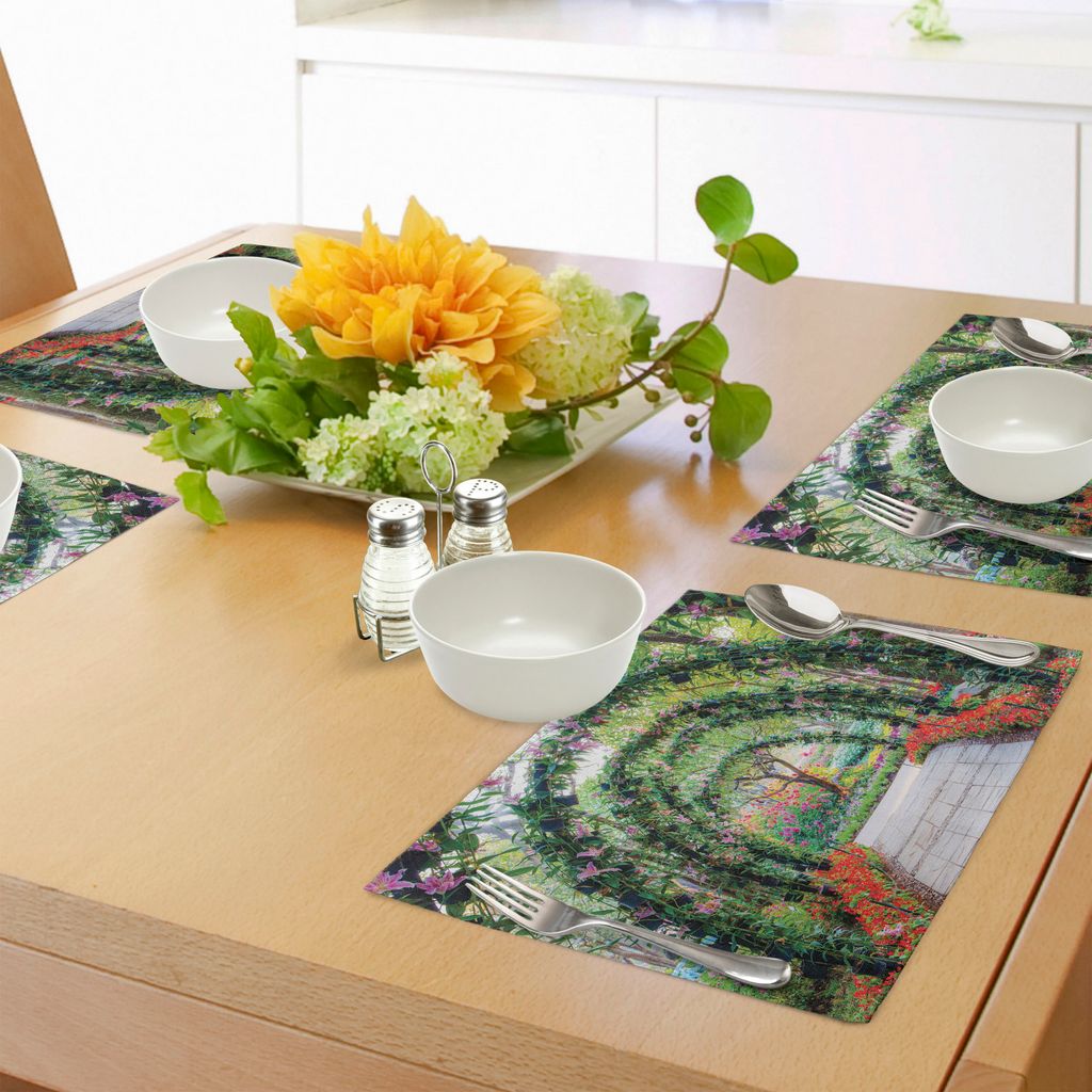 ABAKUHAUS Garten Platzmatten, Blumen-Bögen mit Bahn in den Zierpflanzen-Garten-Grün-romantischem Bild, Tiscjdeco aus Farbfesten Stoff für das Es...