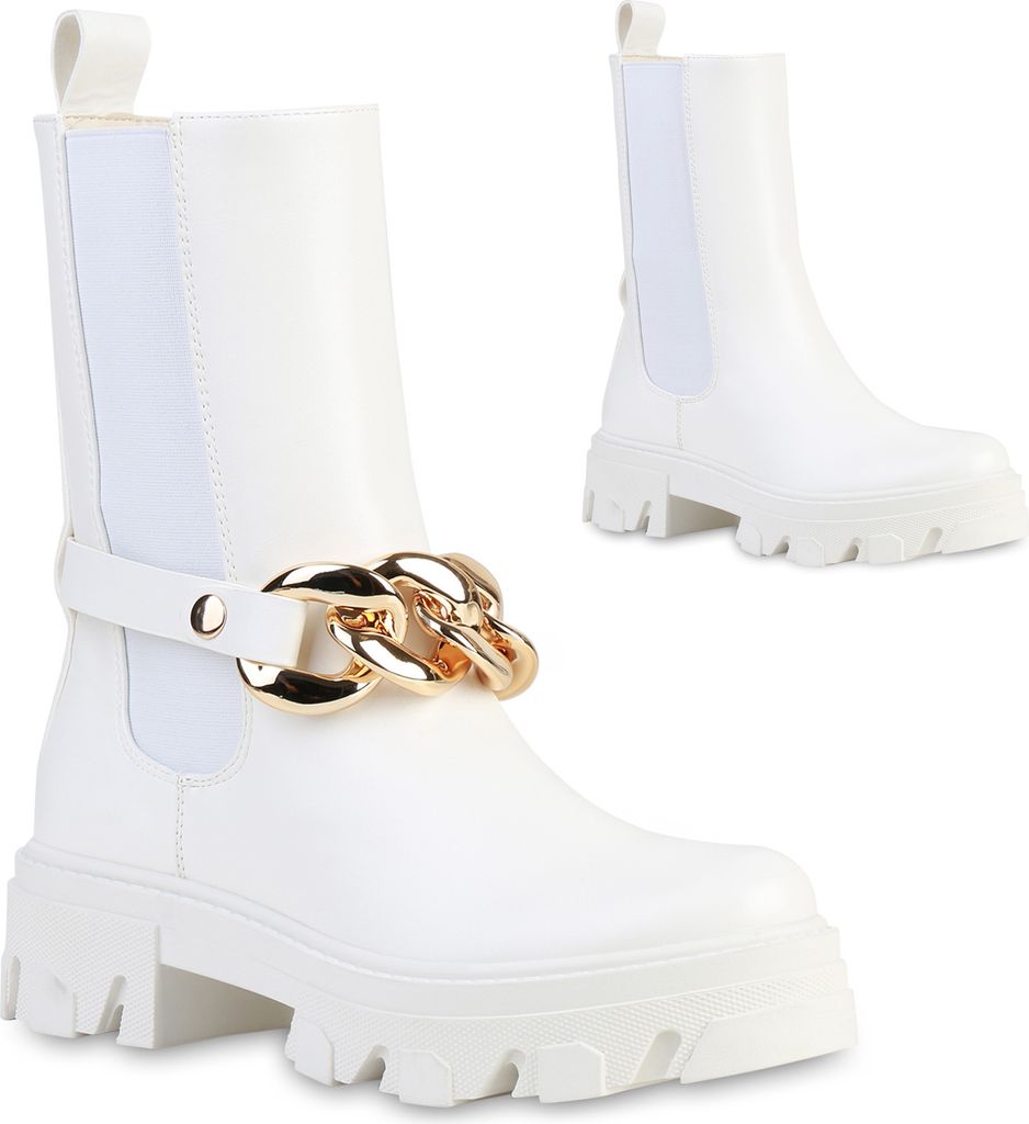 VAN HILL Damen Plateau Boots Stiefeletten Ketten Stiefel Profil-Sohle Schuhe 837633, Farbe: Weiß, Größe: 37