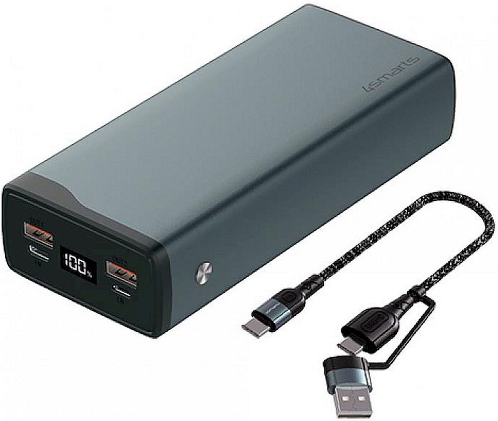 A gunmetal gray power bank with a digital display showing 100%, and a black and gray braided charging cable with USB-C and USB-A connectors.
