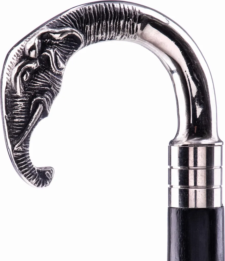 Canne de marche noire avec pommeau éléphant en laiton doré chic