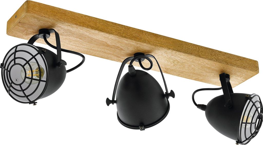 EGLO Deckenlampe Gatebeck, 3 flammige Deckenleuchte Vintage, Industrial, Retro, Deckenstrahler aus Stahl und Holz, Wohnzimmerlampe, Küchenlampe, E14
