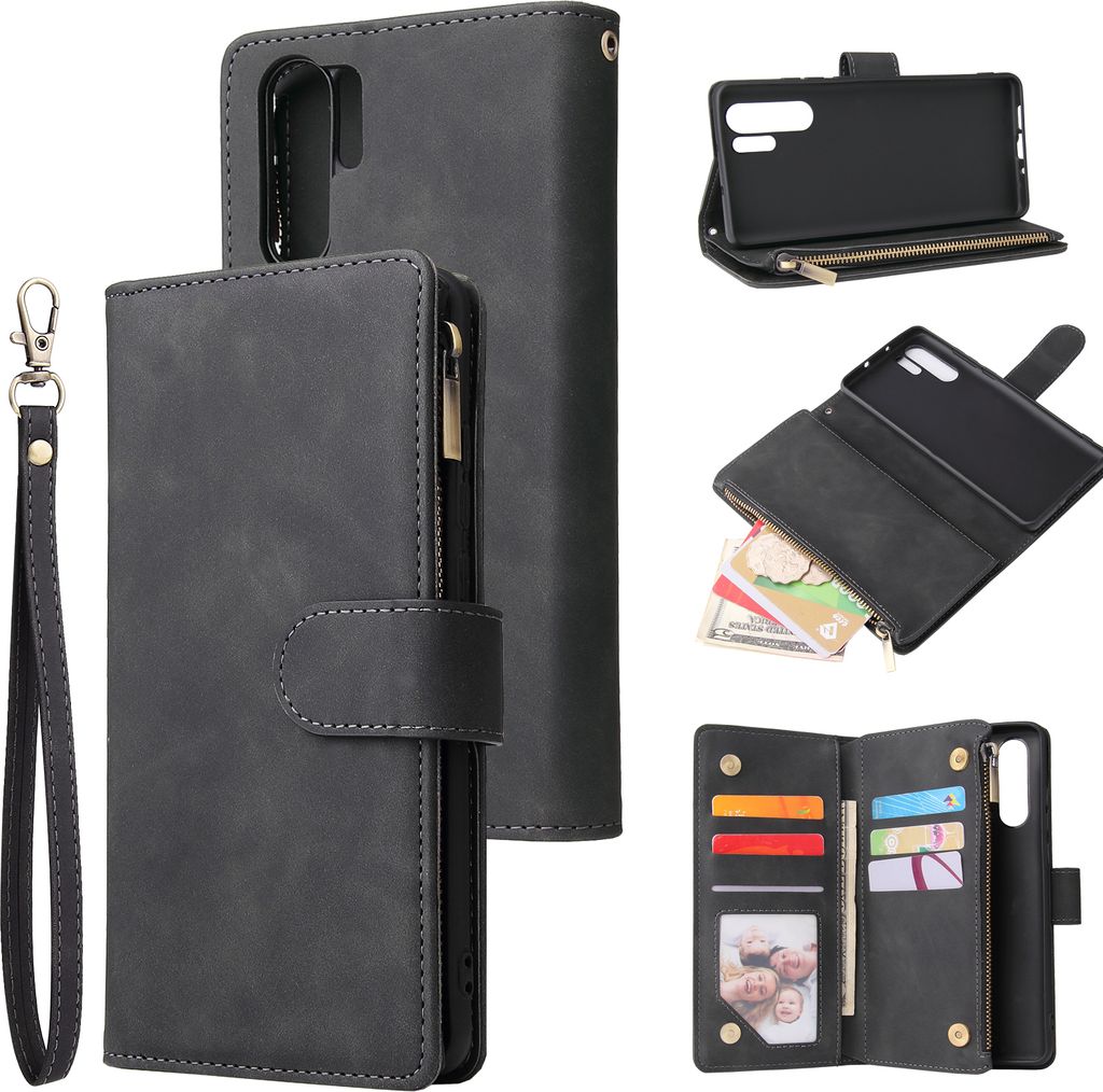 Für HUAWEI P30 lite pro Multi-Karten-Halterung Münze Geldbörse Reißverschluss Handy Kunstleder Case 1 schwarz