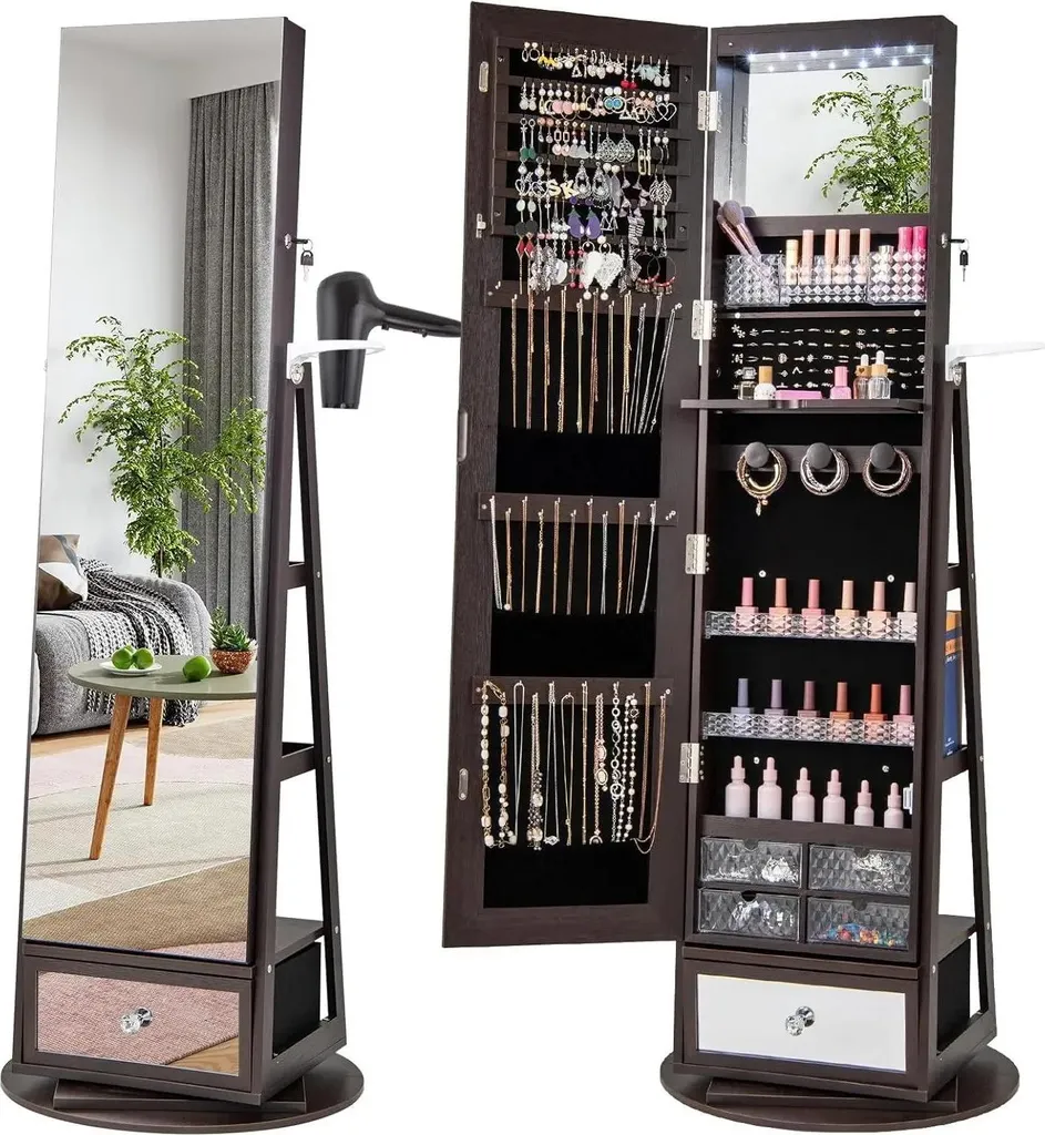 Miroir psyché armoire à bijoux rotative marron avec éclairage LED intégré