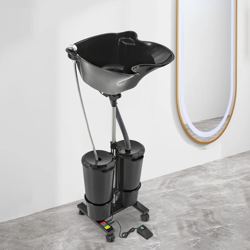 Mobiles Haarwaschbecken - Shampoo-Becken - Verstellbare Höhe 1,05–1,4 m - Set mit 2×10 L Eimern - EU‐Stecker - Für Salon/Zuhause - Schwarz