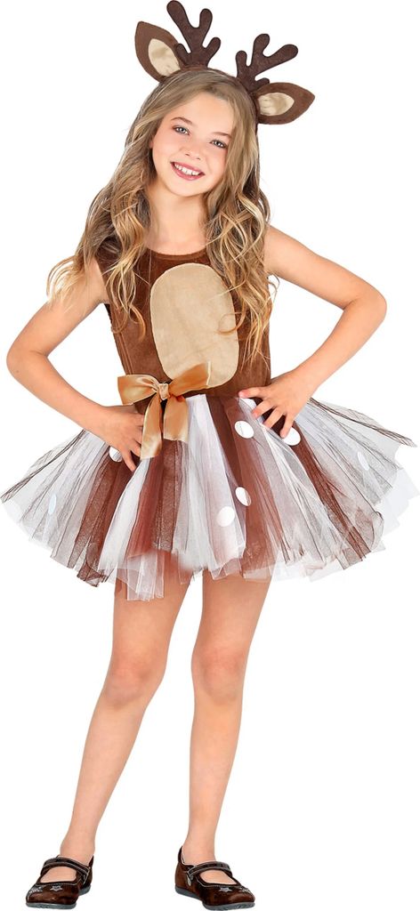 A young girl wearing a deer costume.