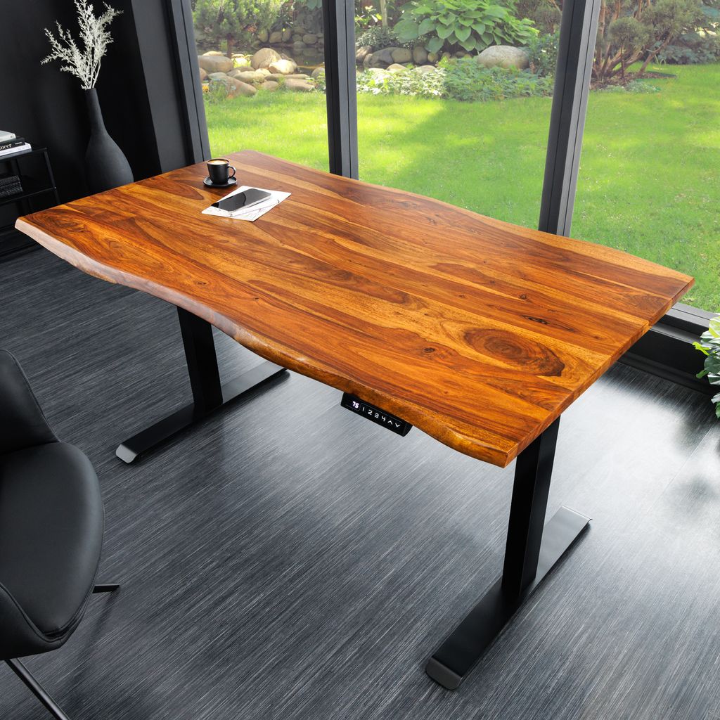 riess-ambiente Höhenverstellbarer Schreibtisch MAMMUT 140cm braun Sheesham Massivholz stone finish Baumkante