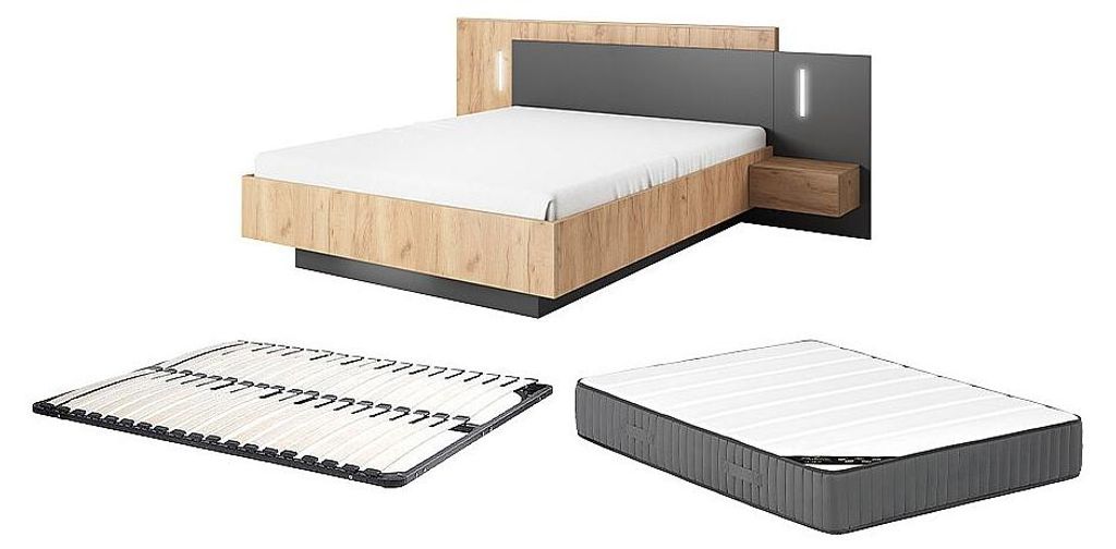 Bett mit Nachttischen 140 x 190 cm - 2 Schubladen - Mit LEDs - Natur und Anthrazit + Lattenrost + Matratze - FRANCOLI