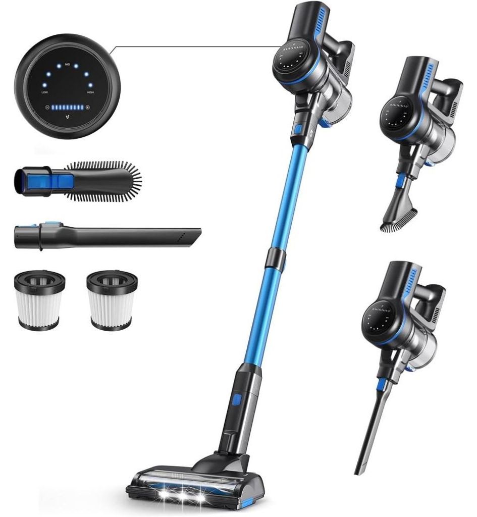 AIORBER Akku Staubsauger 26 kPa 265 W, kabelloser Stielstaubsauger mit LED Display, HEPA Filter, für Teppich Hartboden Tierhaare, Blau