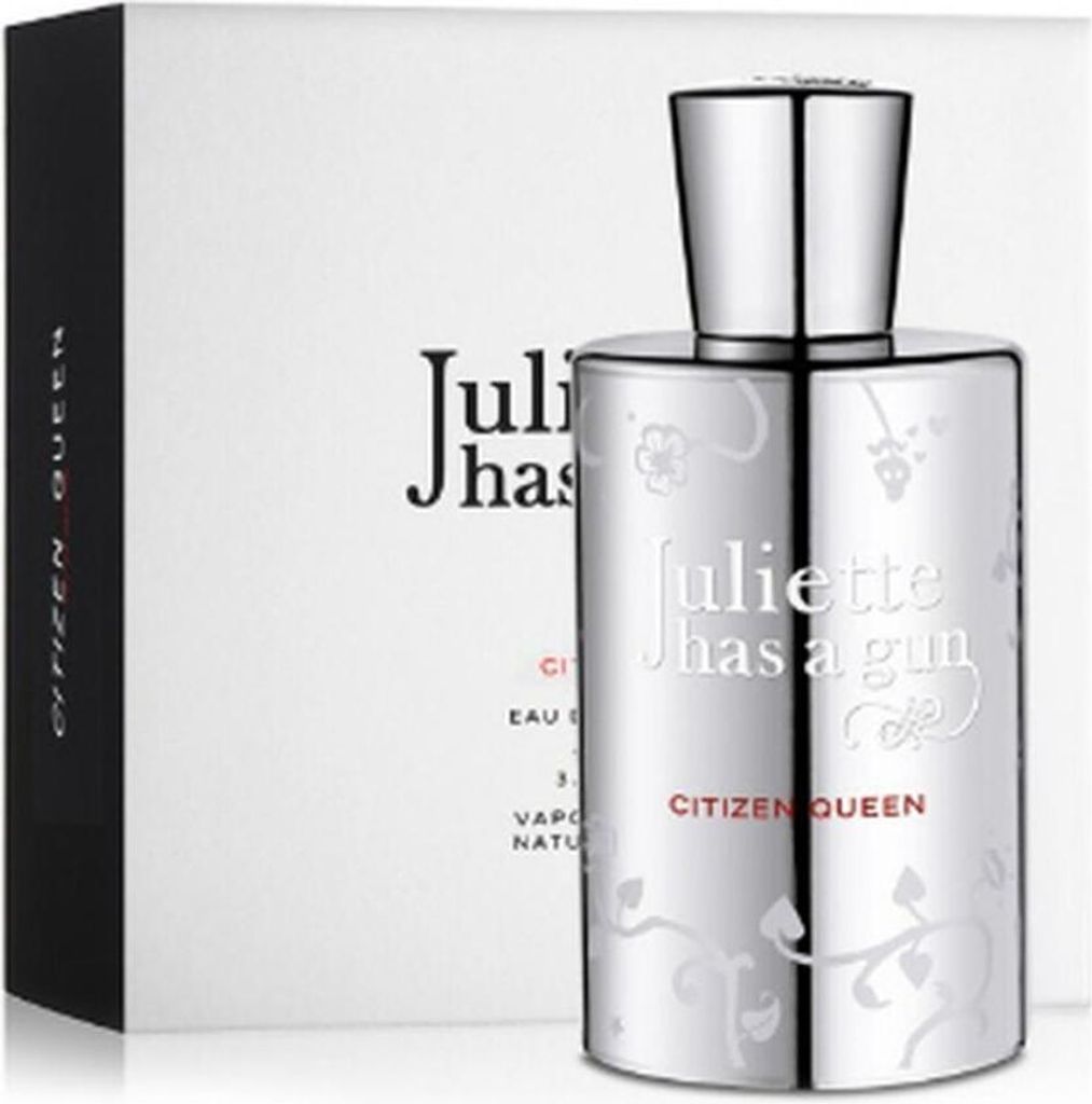 A perfume bottle and its packaging are displayed against a white background.
