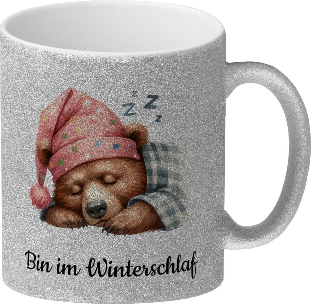Braunbär Glitzer-Kaffeebecher und Spruch Bin im Winterschlaf