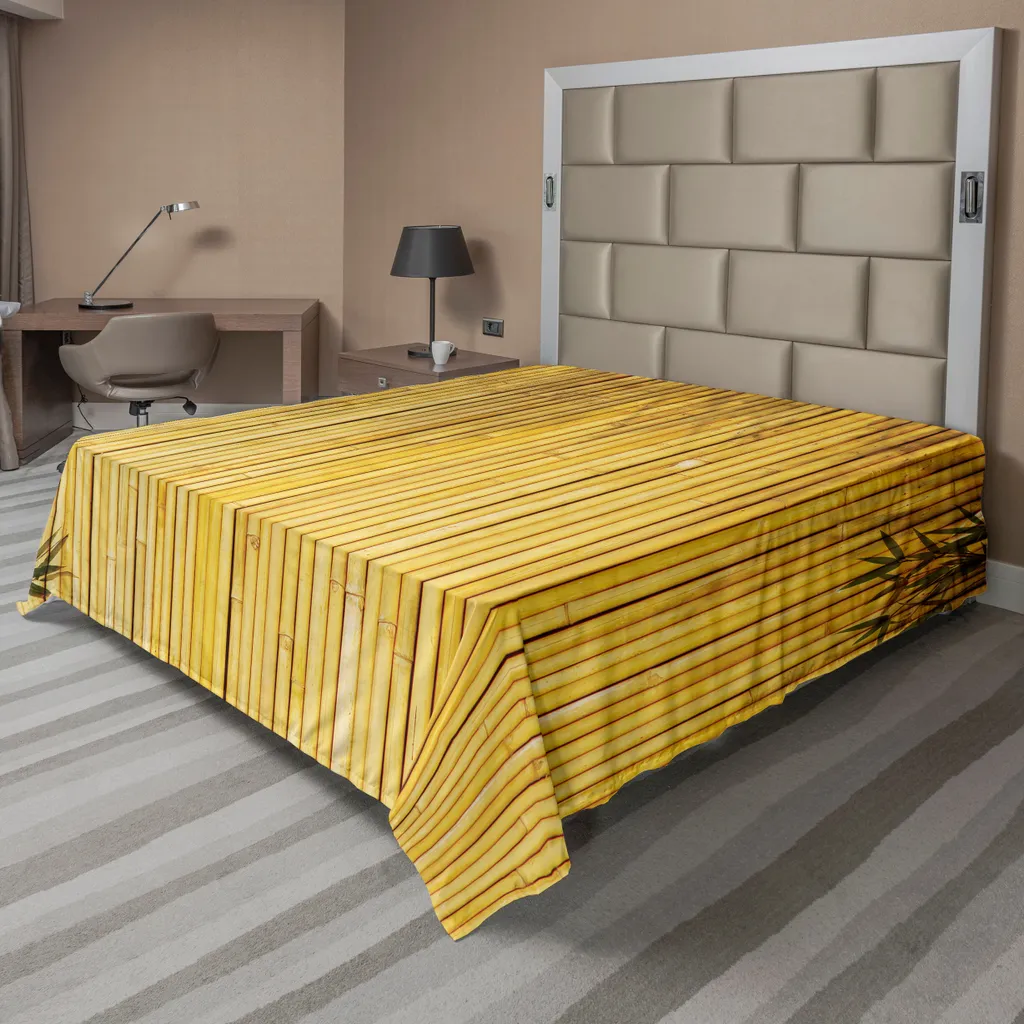 Drap Plat pour Lit XXL Décoration Zen Jaune Motif Bambou et Feuilles