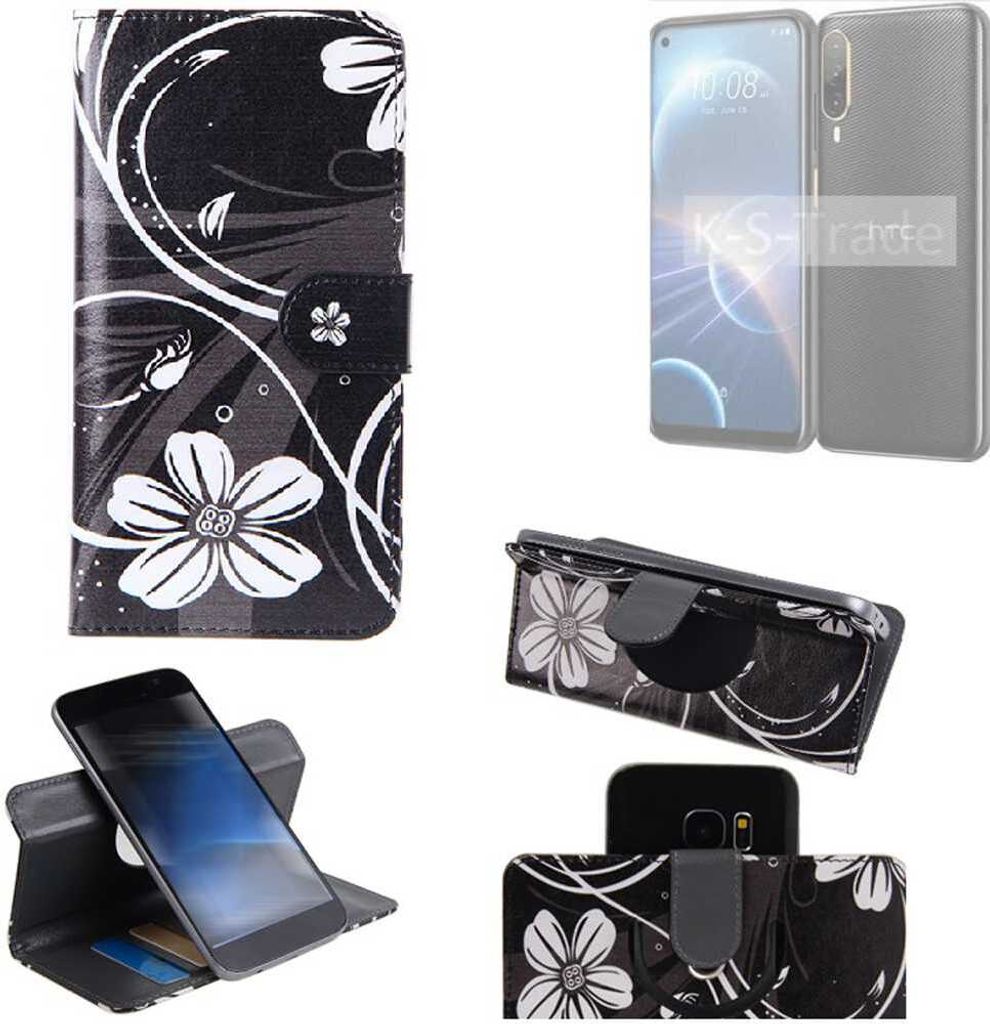 K-S-Trade Schutzhülle Handyhülle kompatibel mit HTC Desire 22 Pro Hülle 360° Wallet Case “Flowers“ Klapphülle Hülle schwarz-weiß 1x