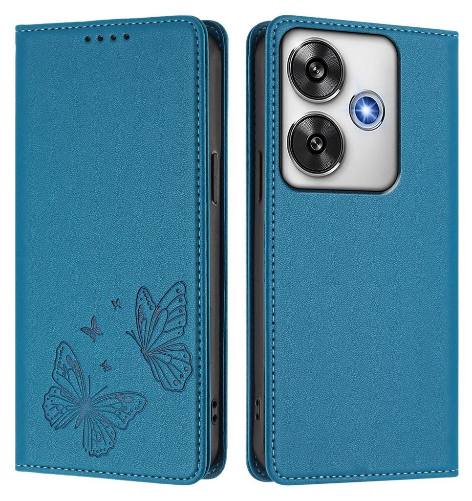Lederhülle für Xiaomi Poco F6, Schmetterling Prägung Leder Brieftasche Schutzhülle mit Ständer Blau