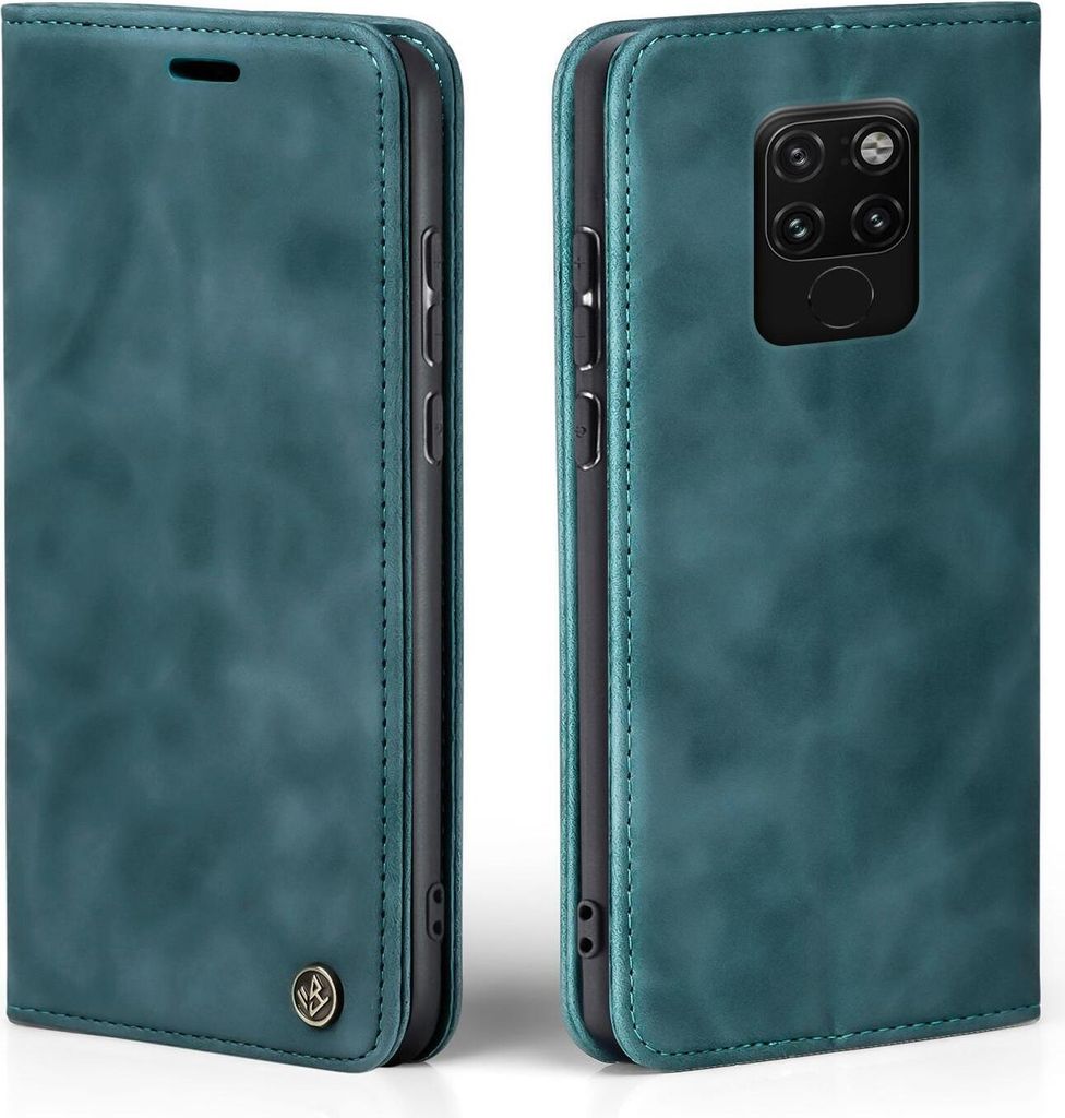 A teal flip case for a Huawei Mate 20 phone, shown from the front and back.