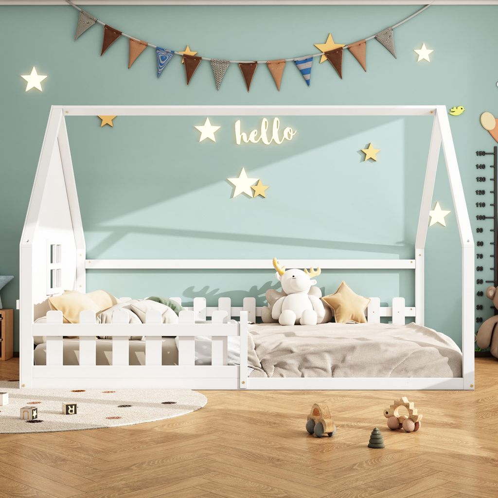 Łóżko w kształcie domku, 140 x 200 cm, wykonane z drewna Zdjęcie produktu 