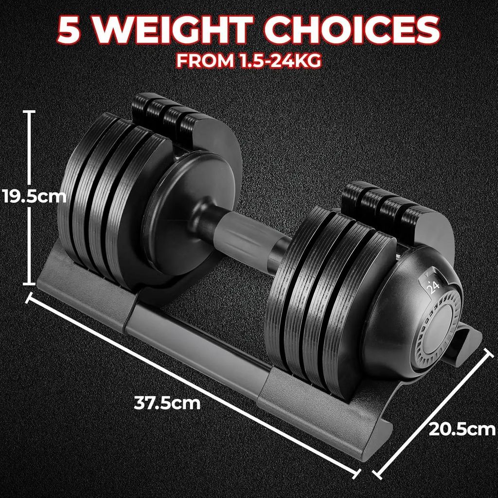Verstellbare Kurzhantel - 1 Stück 24 kg - Gewichtsbereich 1,5–24 kg - Stahlplatten - Für Fitness & Heimtraining - Rot