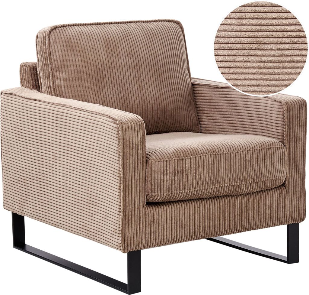 BELIANI Sessel Beige Cord mit Schwarzen Edelstahlfüßen Dicke Polsterung Niedrige Armlehnen Retro Wohnzimmer Schlafzimmer Flur Ausstattung Sitzmöbel